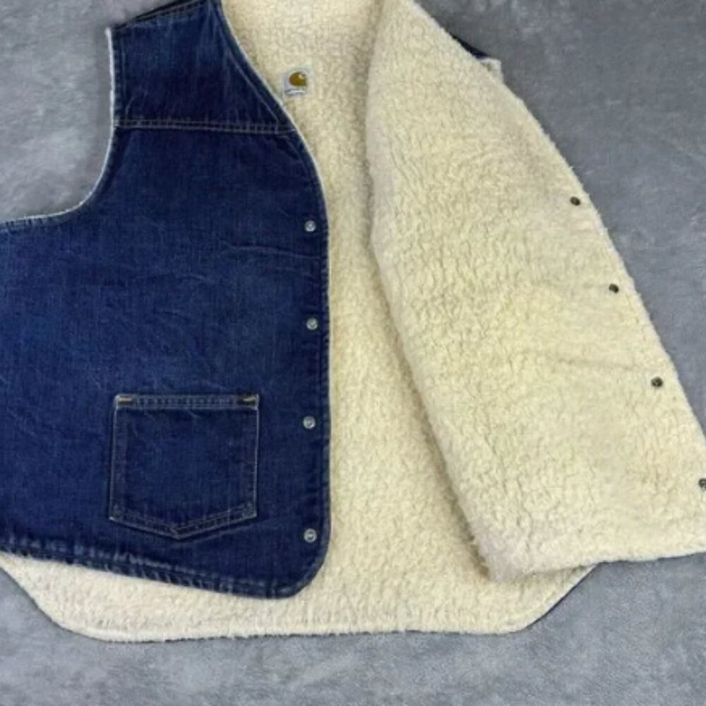 Carhartt Jean Vest Mens XLT Vintage‎ Sherpa Lined Denim Snap Front 8SV USA 80s